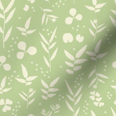 Large Print Leafy Clover Farmhouse Garden, Cream on Sage Green Fabric