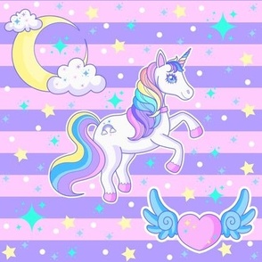 Pastel Kawaii Unicorns, Crescent Moons With Clouds, and Winged Hearts