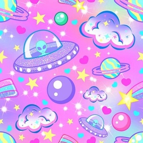 Pastel Kawaii Aliens and UFOS, Shooting Stars, Planets, Clouds, Hearts, With a Galaxy Background