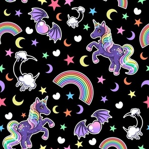 Pastel Goth Unicorns, Rainbows, Moons, Stars, and Bat-Winged Hearts - Black Colorway