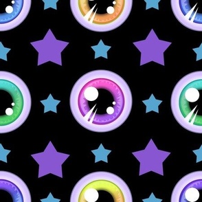 Pastel Goth Rainbow Eyeballs and Pastel Stars - Black Colorway