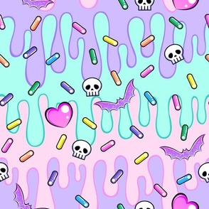 Pastel Goth Frosting Drips, Candy Bats, Skulls, Sprinkles and Hearts