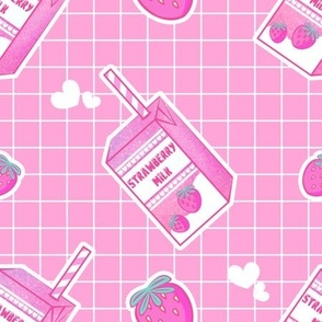 Kawaii Strawberry Milk Cartons With Strawberries On A Pink and White Grid Background