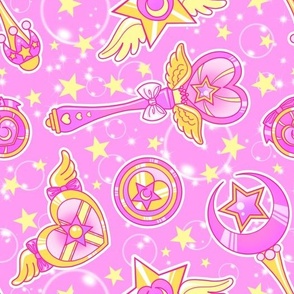Magical Girl Mystical Tools and Charms With Hearts, Stars, and Bubbles - Pink Colorway