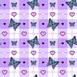 Y2K Blue Glitter Butterflies, Sparkling Pink and Black Hearts on a Lavender and White Plaid Background
