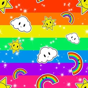 Y2K Rainbow Stripes With Kawaii Suns, Kawaii Clouds, and Kawaii Rainbows