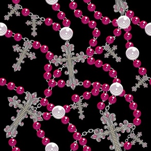 Silver Ornate Gothic Bejeweled Cross Beaded Necklaces - Burgundy Colorway