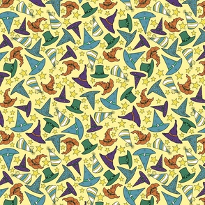 (Small) Magic Hats of Witches, Wizards, Fairies and Saint Patrick in a Retro Cartoon Style,  Pastel Yellow Background 