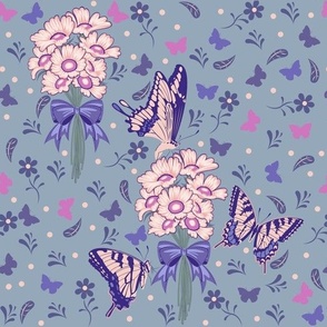 Butterflies and Daisy Bouquets - Blue-Gray Colorway