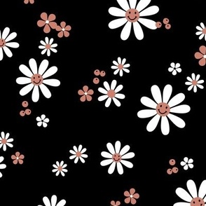 Smiley Daisies berries and poppy flowers - cutesy neutral boho style nursery girls design sienna white on black