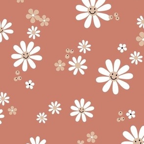 Smiley Daisies berries and poppy flowers - cutesy neutral boho style nursery girls design sand white on sienna terra vintage red