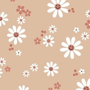 Smiley Daisies berries and poppy flowers - cutesy neutral boho style nursery girls design sienna white on sand