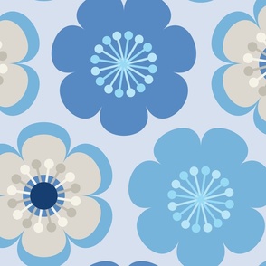 giant bright fun retro hippy 70s' florals in denim indigo washed blue hues, on baby blue. inspired by painted vintage jeans (XL)