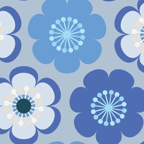 large retro hippie 70s' abstract floral, denim indigo washed blue hues, on dusty blue. inspired by painted vintage jeans (L)