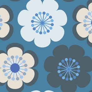 large retro hippy 70s' flowers in denim indigo washed blue hues, on marine blue. inspired by painted vintage jeans (L)