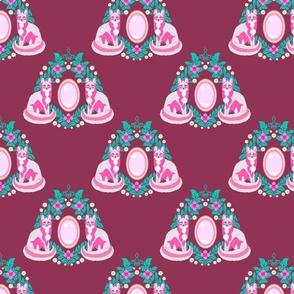 Foxes, Floral Wreaths, and Gemstone Damask - Burgundy Colorway