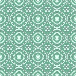 Simple Damask Geometric White Diamond Pattern Tile on an Emerald Green Background