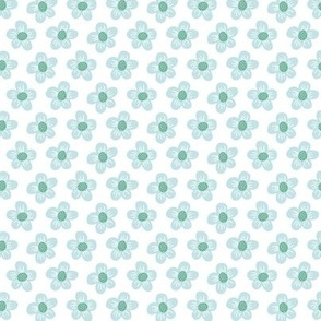 Whimsical Baby Blue and Green Daisy Floral on a White Background