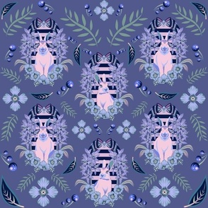 Bunnies and Botanical Wreaths Damask Pattern With Flowers, Leaves and Berries - Periwinkle Colorway