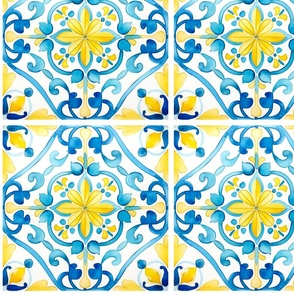 Sicily inspired,blue and yellow,watercolour mosaic tiles
