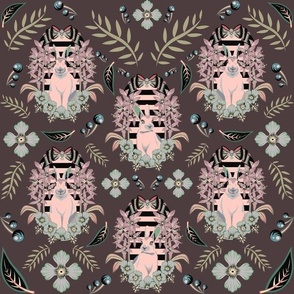 Bunnies and Botanical Wreaths Damask Pattern With Flowers, Leaves and Berries - Brown Colorway