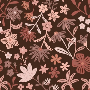 Romantic maximalist floral - brown - large scale for bedding and curtains