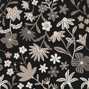 Romantic maximalist floral - black - large scale for bedding and curtains