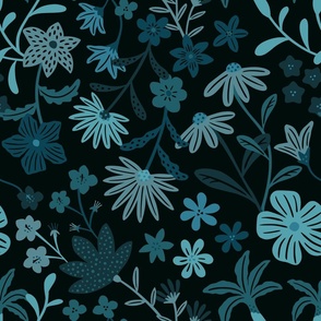 Romantic maximalist floral - night teal - large scale for bedding and curtains