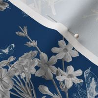 Victorian Nightingale Garden - greyscale on navy blue