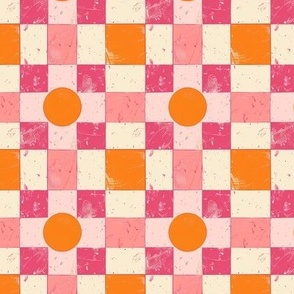 Checkered vintage retro inspired pink and orange squares and circles bold