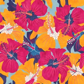 Tropical hibiscus Flowers. Retro floral pattern with tropical flowers. 