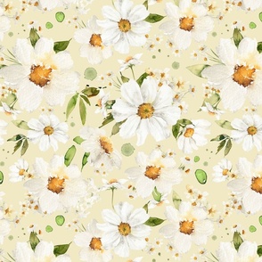 Large- Watercolor Spreading Hand Painted Cute Nursery Daisies Wildflowers Spring Meadow Soft Yellow