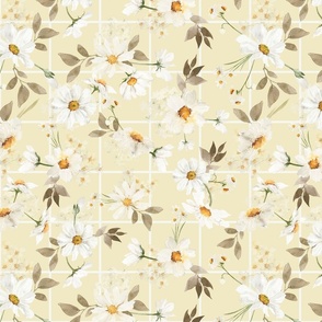 Large - Watercolor Hand Painted Cute Nursery Daisies Wildflowers Spring Meadow - Grid Squares Soft Yellow
