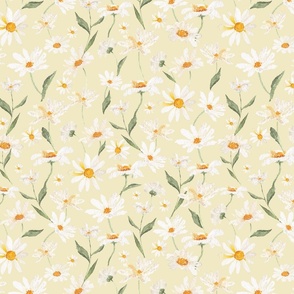 Large - Watercolor Hand Painted Cute Nursery Daisies Wildflowers Spring Meadow - soft yellow