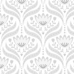 (M) Textured Tonal Scandi Florals with a vintage vibe in very light grey, neutrals on white 