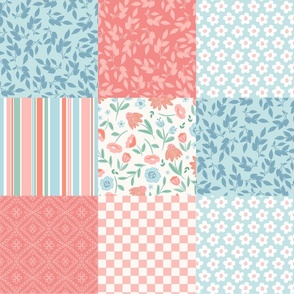 Floral Cheater Quilt 6in Squares Whole Cloth Patchwork DIY Quilt Soft Peach, Pinks, Blue and White