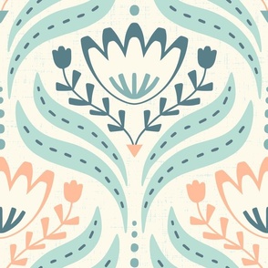 (L) Scandi Florals with a retro vibe  with alternating blooms in teal, blue, peach on textured cream background  