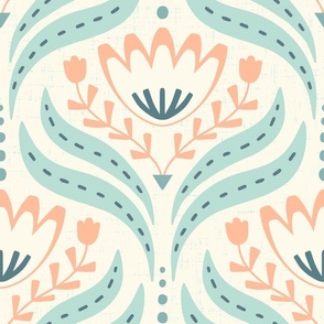 (L)  Scandi Florals with a retro vibe  with alternating blooms in teal, blue, peach on textured cream background