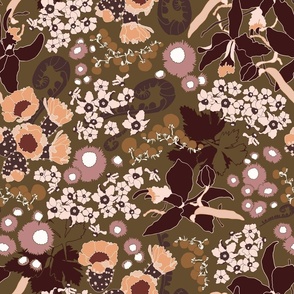 Tropical Floral design with orchids, daffodils, cactus in marsala red, apricot orange, beige, eggplant violet, copper brown on greenish brown background