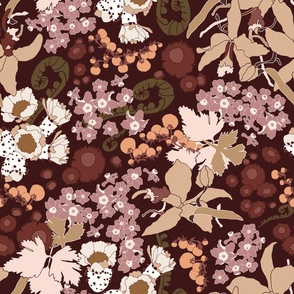 Tropical Floral design with orchids, daffodils, cactus in marsala red, puce pink, apricot orange, beige, white, brown on dark eggplant violet background