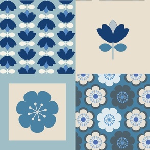 Cheater quilt-happy walls-retro 1970 s 60s' hippy abstract floral in washed bleached denim blue jeans look, tulips, light +dark blue, beige (XL) (No texture)