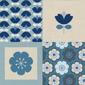 Cheater quilt-happy walls-retro 1970 s fun abstract floral in washed bleached denim blue jeans look, tulips, light +dark blue, beige on linen texture