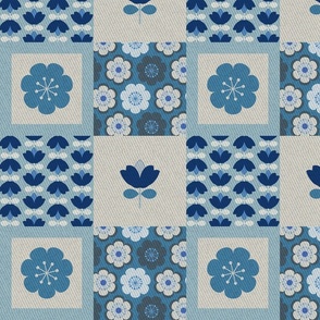 Cheater quilt-happy retro 70's fun abstract floral in washed bleached denim blue jeans look, light blue, beige with Denim texture