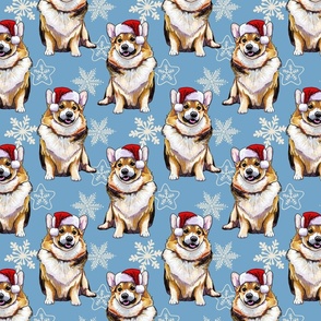 funny christmas corgi, dog santa on blue