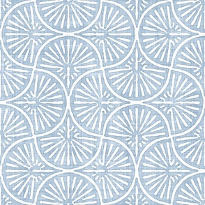 Vintage Nautical Art Deco Clam Shell Batik Block Print in Light Fog Blue and White (Large Scale)