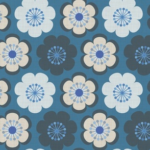 Retro hippy 70s' flowers in denim indigo washed blue hues, on marine blue linen texture. inspired by painted vintage jeans (s)
