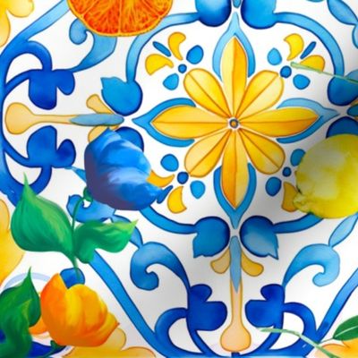 Mediterranean tiles,majolica art ,lemon ,citrus,Flowers 