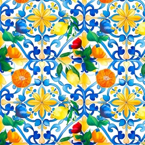 Mediterranean tiles,majolica art ,lemon ,citrus,Flowers 