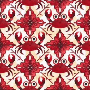 Cute Crab Crustacean Core Ocean Marine Animal Coastal Aesthetic Tile Pattern With Red And White On Navy Beige White