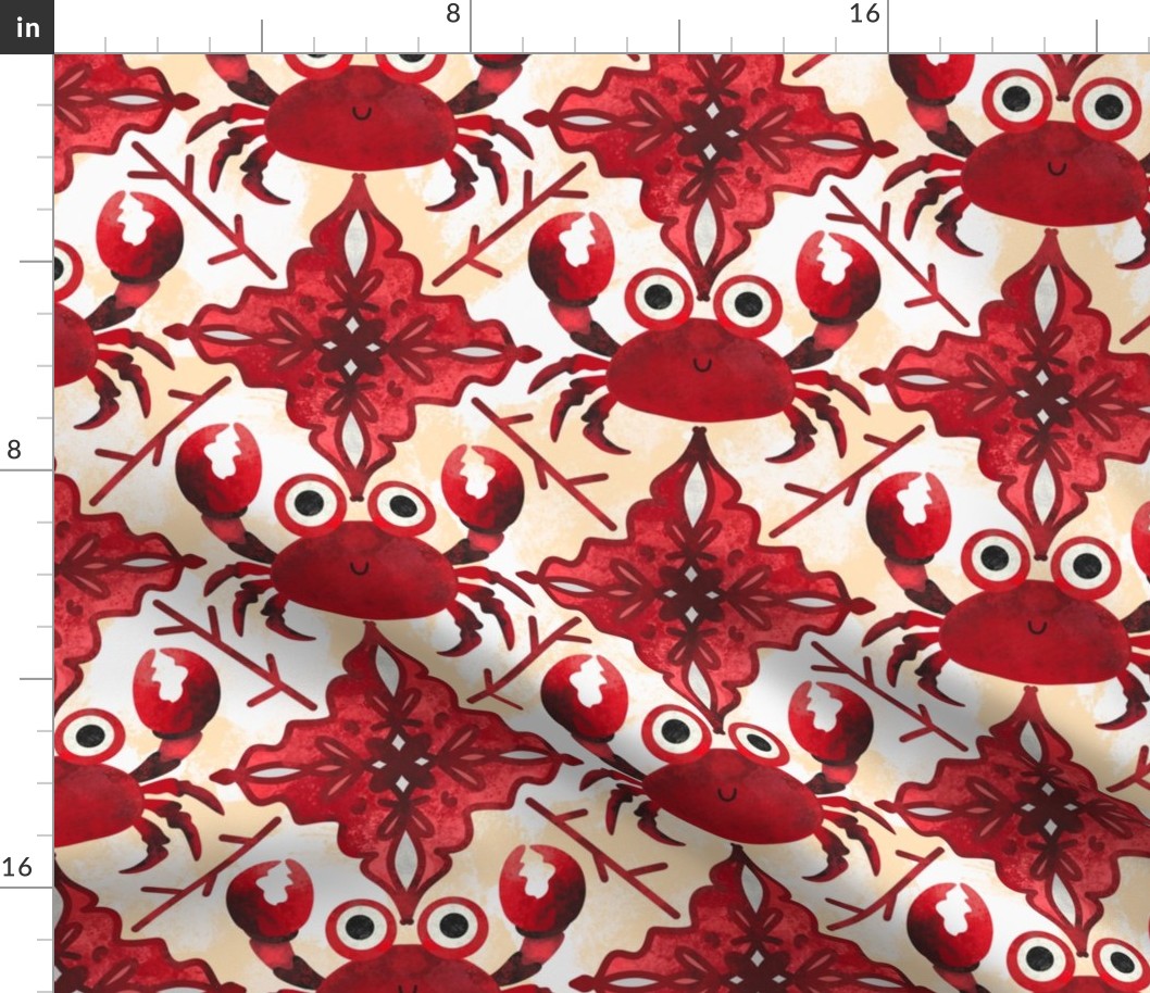 Cute Crab Crustacean Core Ocean Marine Animal Coastal Aesthetic Tile Pattern With Red And White On Navy Beige White